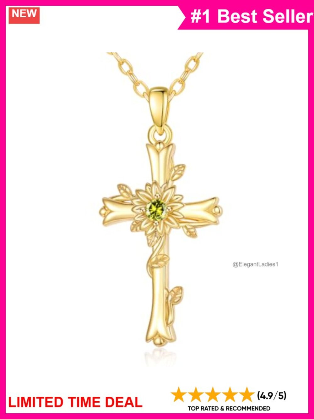 14K Gold Plated Cross Necklace Heart Peridot Pendant 20 Inch Cable Chain